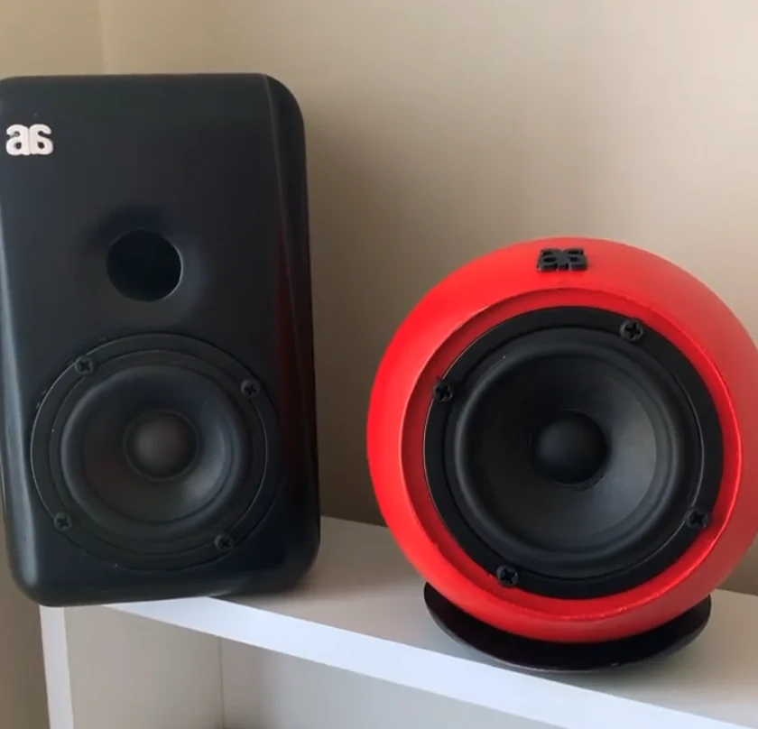Black and red sculptural loudspeakers